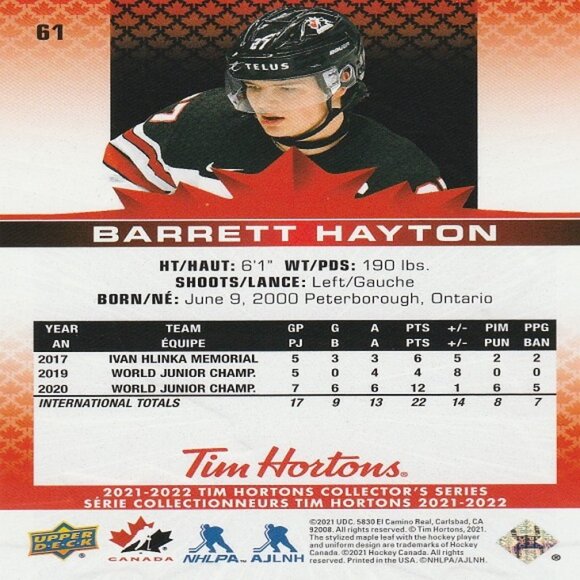 Barrett Hayton - 2021/2022 Tim Hortons Collector's Series Hockey Card - Picture 2 of 2